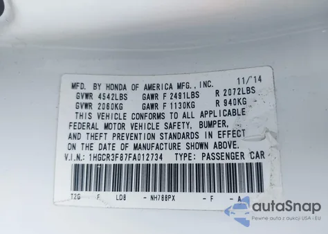 2015 Honda Accord Ex-L V-6 z USA, uszkodzony, nr VIN 1HGCR3F87FA012734